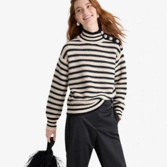 J.Crew Stripped Knit Mock Neck Pullover Sweater Jewel Luxury Caramel Natural XS - Picture 2 of 12